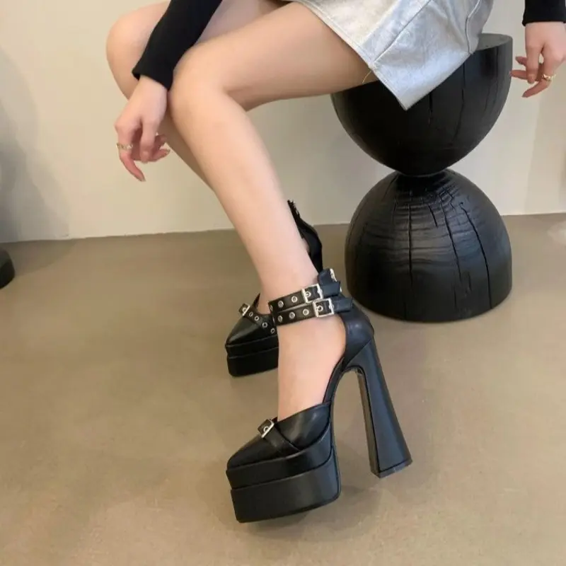 2025 Spring and Summer New Metal Buckle Super High Heel Platform Catwalk Single Shoes Pointed Toe Block Heel Sandals