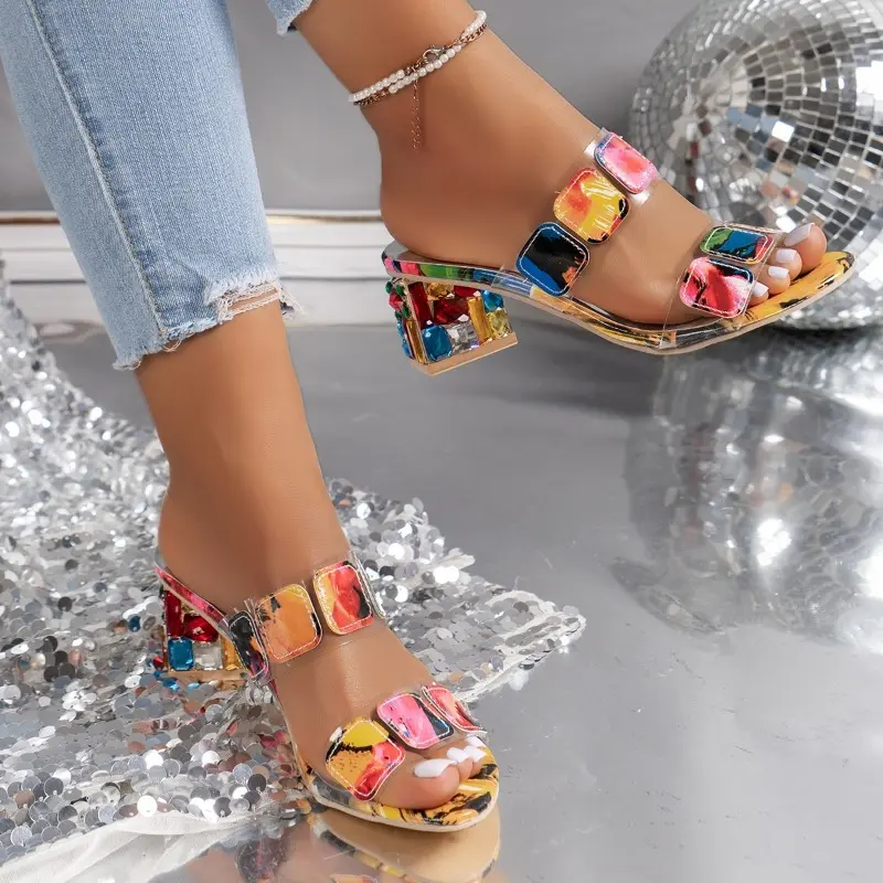Women's Fancy Sandals Summer New Round Head Open Toe Transparent Line with Mid-heel Slippers Women Slippers