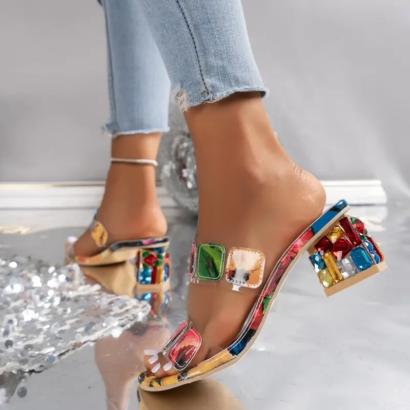 Women's Fancy Sandals Summer New Round Head Open Toe Transparent Line with Mid-heel Slippers Women Slippers