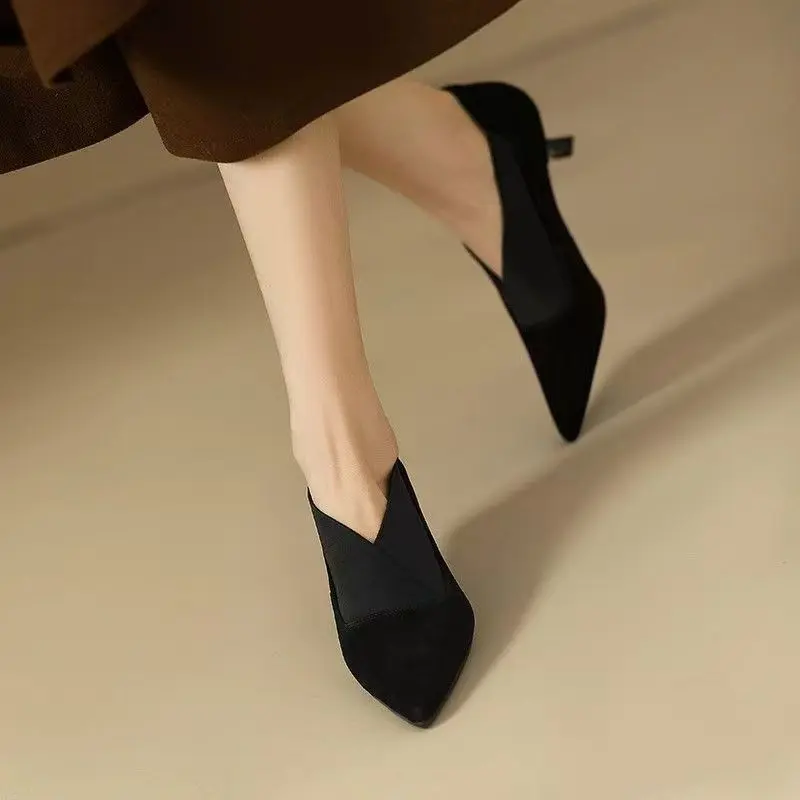 Women's Thin Heel Shoes Autumn New Pointed Mid-mouth Suede Slip-on Low-top Shoes with Anti-slip and Wear-resistant Temperament