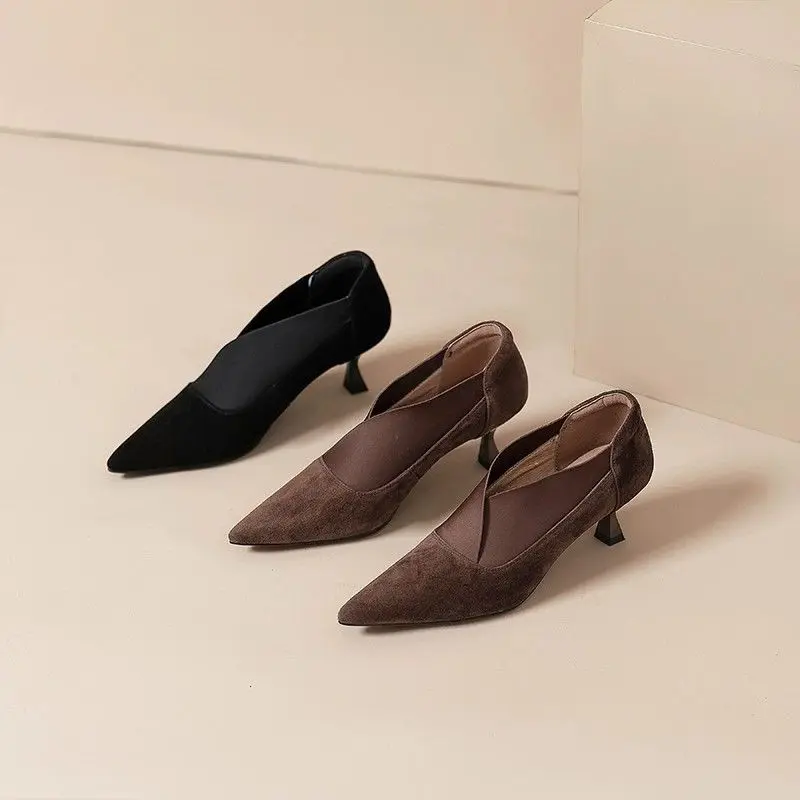 Women's Thin Heel Shoes Autumn New Pointed Mid-mouth Suede Slip-on Low-top Shoes with Anti-slip and Wear-resistant Temperament