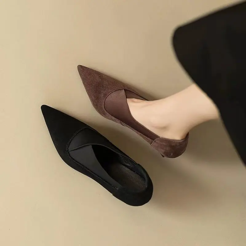 Women's Thin Heel Shoes Autumn New Pointed Mid-mouth Suede Slip-on Low-top Shoes with Anti-slip and Wear-resistant Temperament