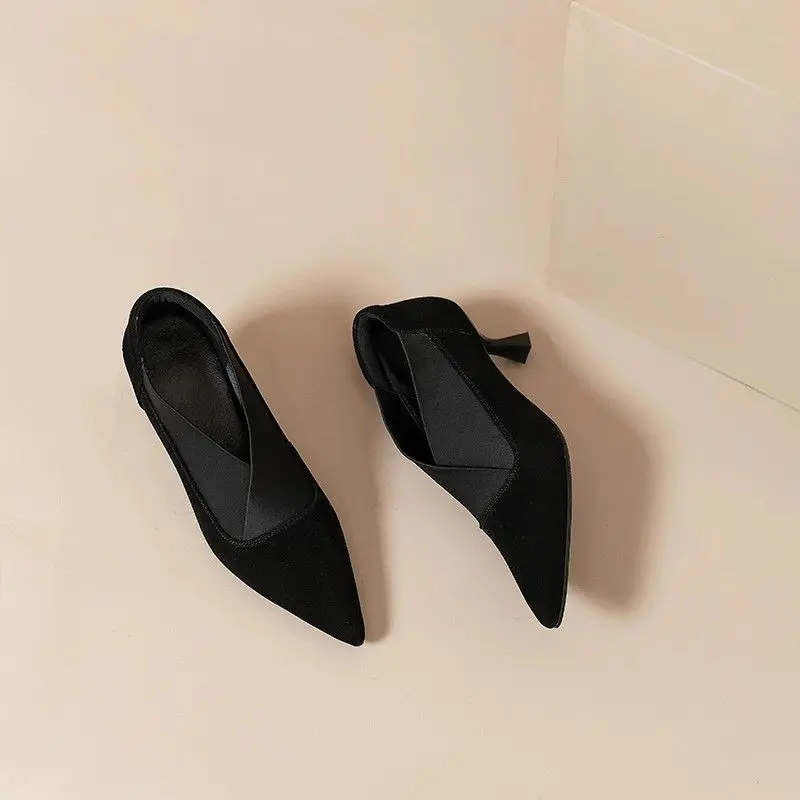 Women's Thin Heel Shoes Autumn New Pointed Mid-mouth Suede Slip-on Low-top Shoes with Anti-slip and Wear-resistant Temperament