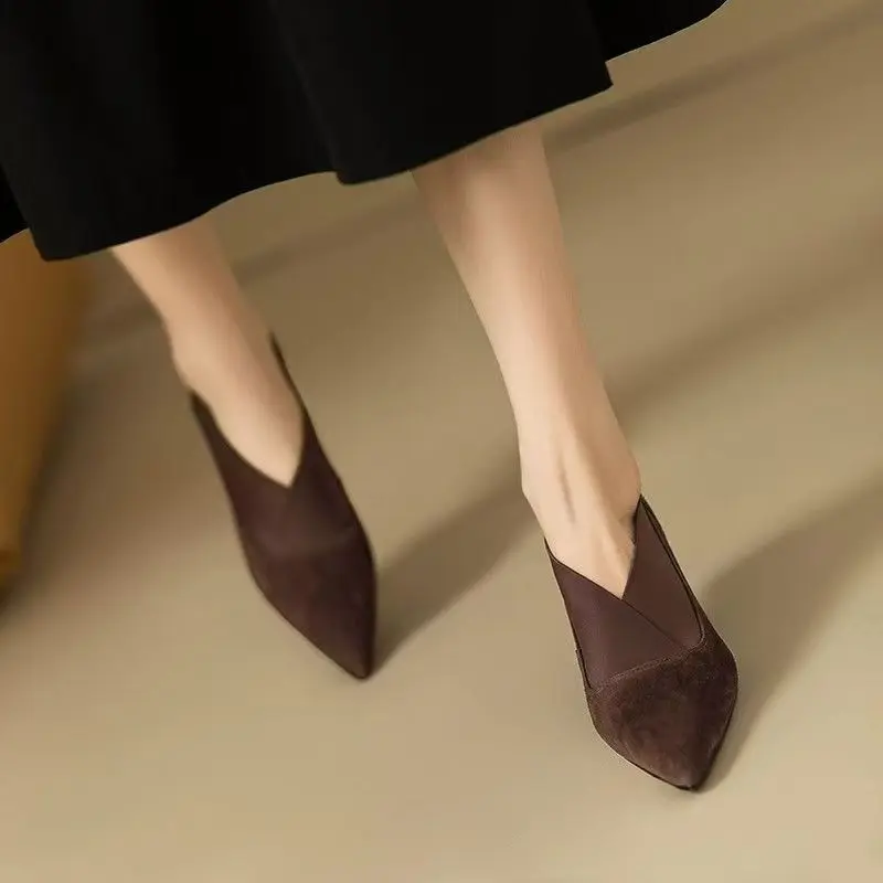 Women's Thin Heel Shoes Autumn New Pointed Mid-mouth Suede Slip-on Low-top Shoes with Anti-slip and Wear-resistant Temperament