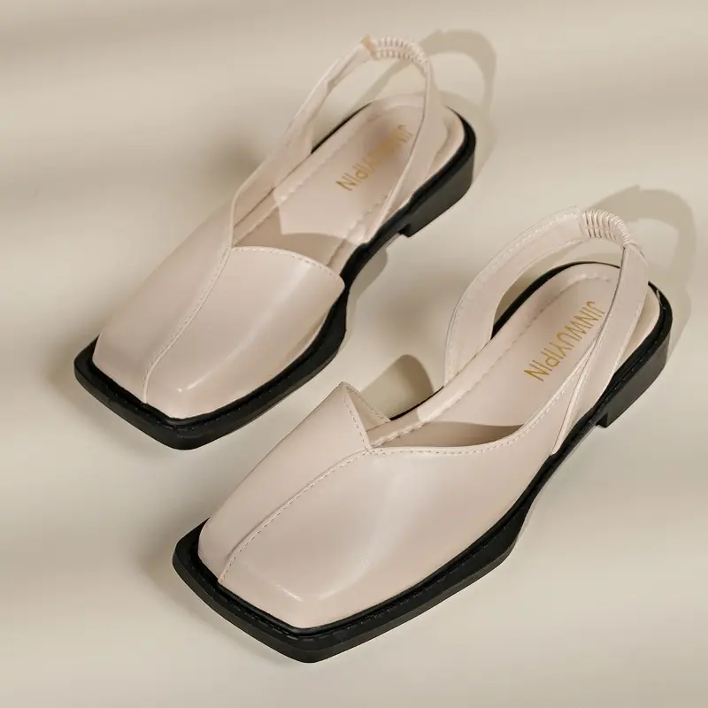 French Baotou Sandals Women's Summer Flat New Back Empty Vintage Square Toe Shallow Mouth Plus Size Single Shoes