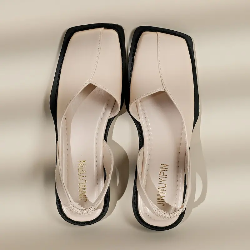 French Baotou Sandals Women's Summer Flat New Back Empty Vintage Square Toe Shallow Mouth Plus Size Single Shoes
