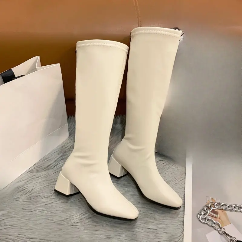 Long Tube Women's Knee-length Cotton Boots Autumn New All-match Square Toe Plus Fleece High Tube Block Heel Skinny Boots