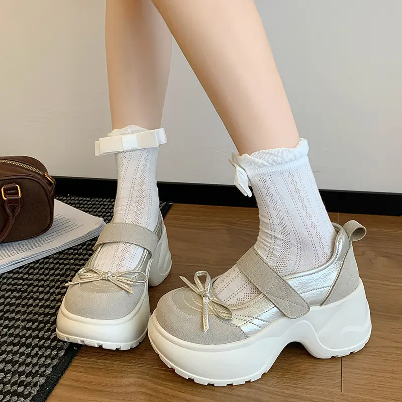 Bow Platform French Mary Jane Small Leather Shoes Women's Spring and Summer New Round Toe Shallow Mouth Heightened Single Shoes