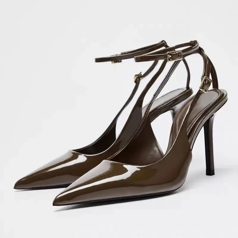Summer New Baotou Patent Leather Stiletto Sandals Women's Pointed Toe Shallow Mouth Slip Strap Non-slip High Heels
