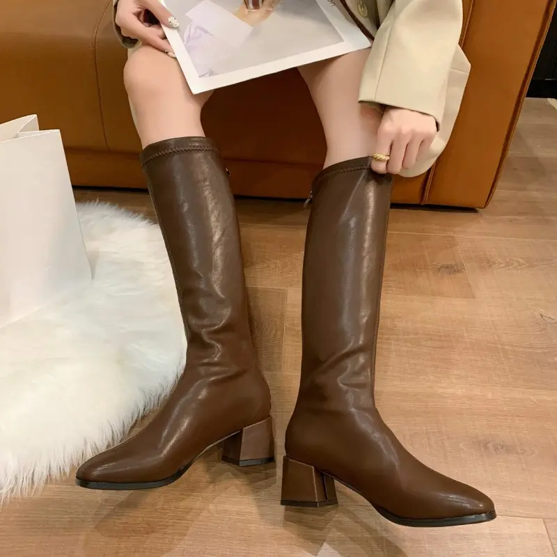 Long Tube Women's Knee-length Cotton Boots Autumn New All-match Square Toe Plus Fleece High Tube Block Heel Skinny Boots