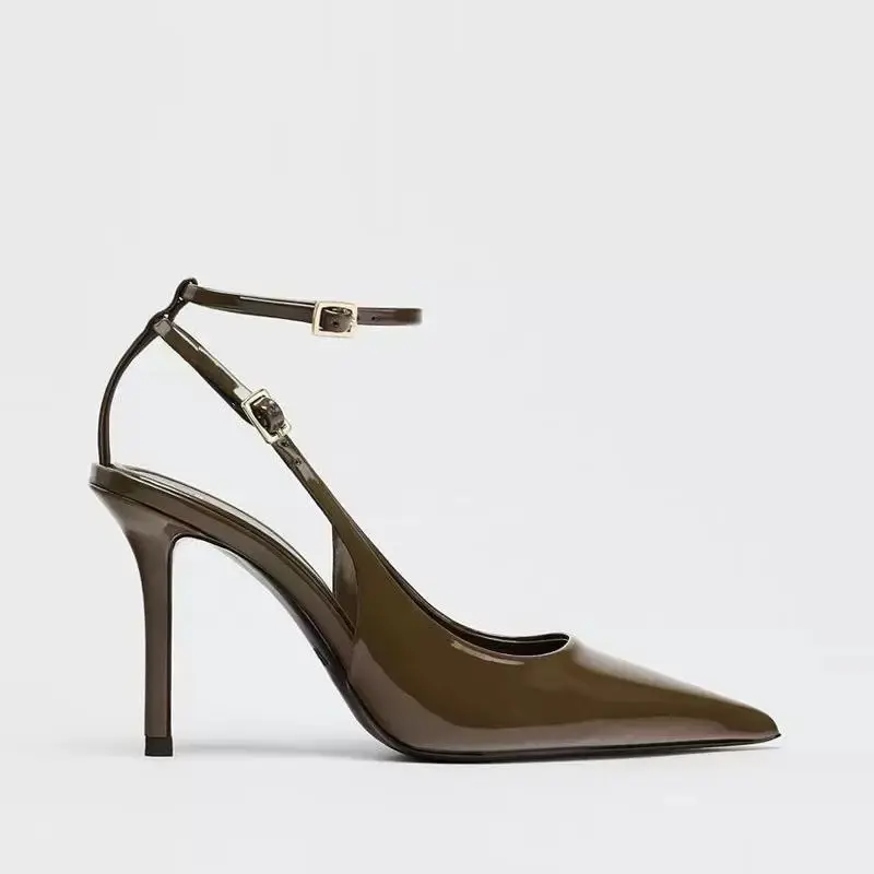 Summer New Baotou Patent Leather Stiletto Sandals Women's Pointed Toe Shallow Mouth Slip Strap Non-slip High Heels