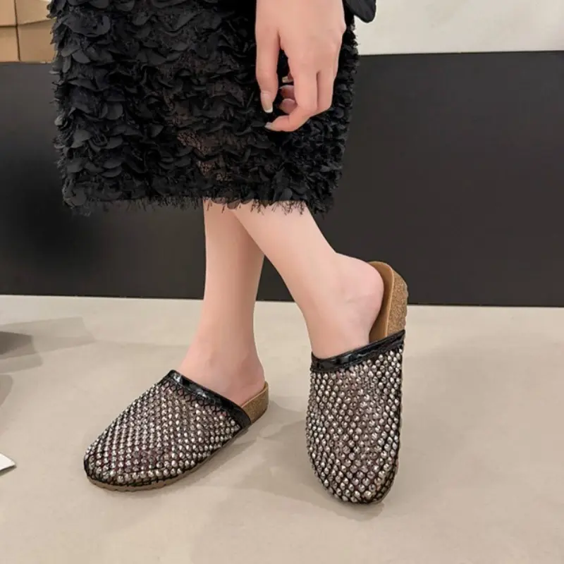 Crystal Mesh Breathable Toe Flip-flops for Women Fashionable Round-toed Anti-slip and Wear-resistant Flat Shoes