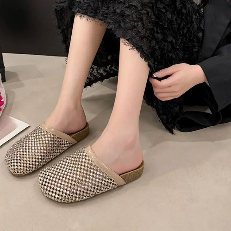 Crystal Mesh Breathable Toe Flip-flops for Women Fashionable Round-toed Anti-slip and Wear-resistant Flat Shoes