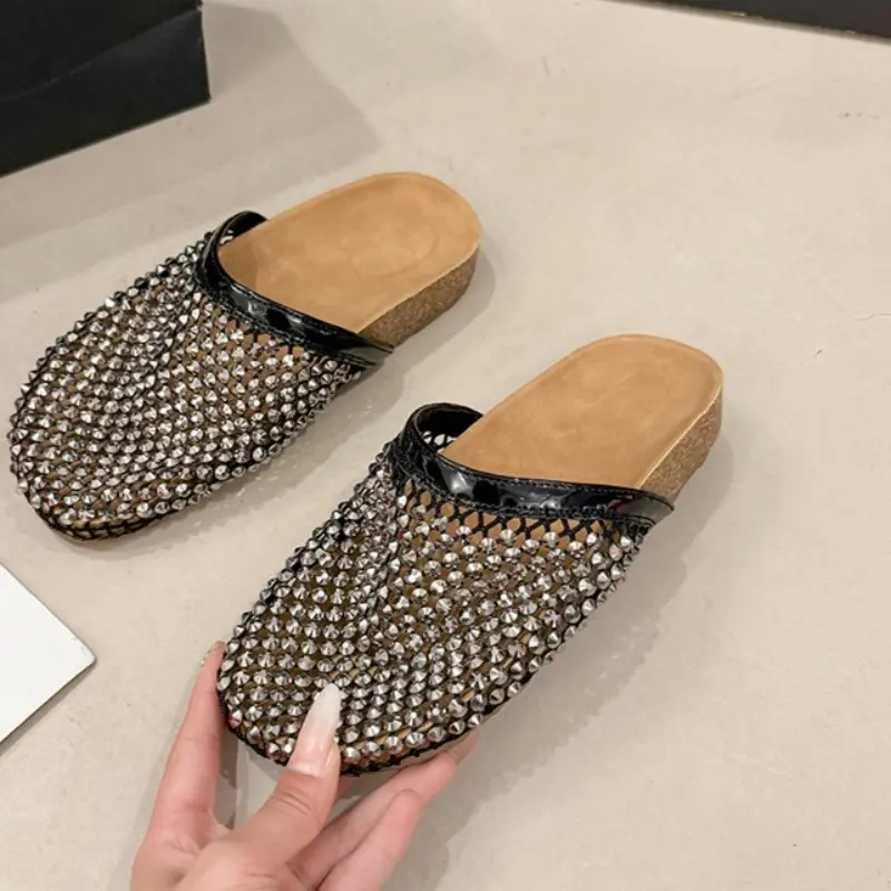 Crystal Mesh Breathable Toe Flip-flops for Women Fashionable Round-toed Anti-slip and Wear-resistant Flat Shoes