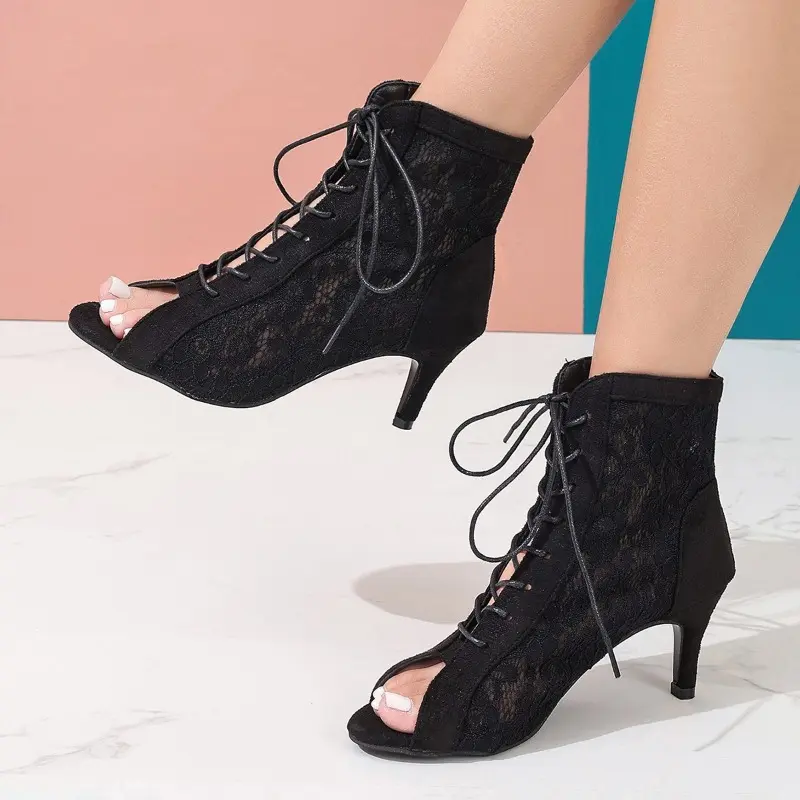 Fish Mouth Stiletto Sandals Summer Open Toe Mesh Breathable Lace-Up Plus Size Non-Slip Wear-Resistant Pumps