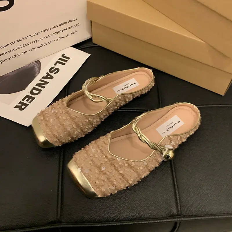 Flat Heel Toe Mary Jane Sandals Women's New Sequin Cloth Strap Sandals Comfortable Wearable Semi-slippers