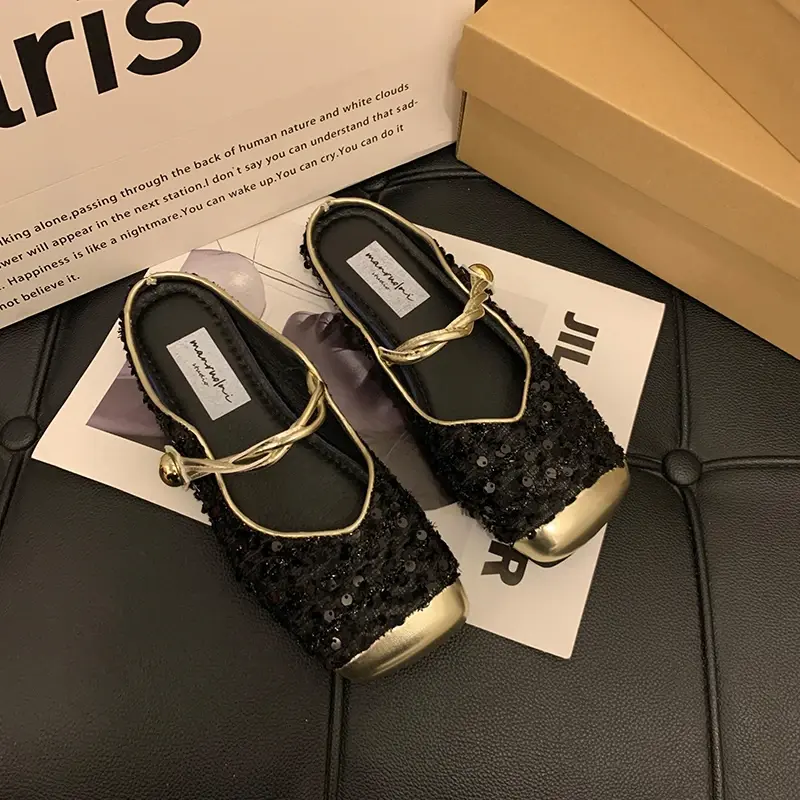 Flat Heel Toe Mary Jane Sandals Women's New Sequin Cloth Strap Sandals Comfortable Wearable Semi-slippers