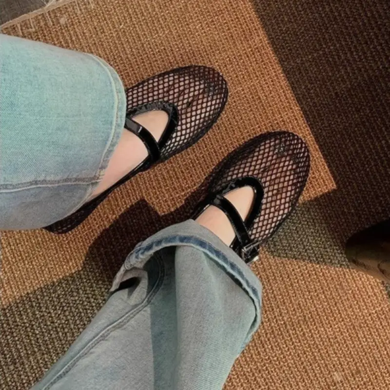 Flat Single Shoes Women Fashion Round Head Shallow Mouth Mesh Cloth Metal Buckle Soft Sole Non-slip Low-top Shoes