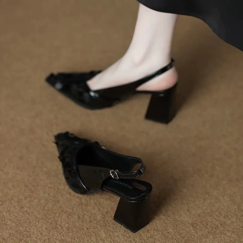 Sequin Baotou Sandals Women's Summer Outside Wear New French Temperament Pointed Toe Fashion Chunky High Heel Single Shoes