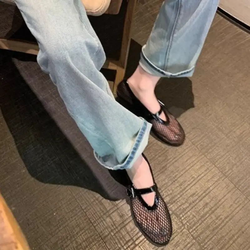 Flat Single Shoes Women Fashion Round Head Shallow Mouth Mesh Cloth Metal Buckle Soft Sole Non-slip Low-top Shoes