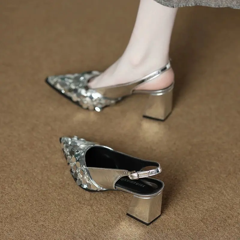 Sequin Baotou Sandals Women's Summer Outside Wear New French Temperament Pointed Toe Fashion Chunky High Heel Single Shoes