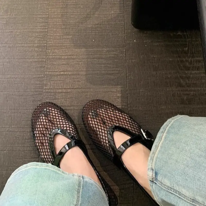 Flat Single Shoes Women Fashion Round Head Shallow Mouth Mesh Cloth Metal Buckle Soft Sole Non-slip Low-top Shoes