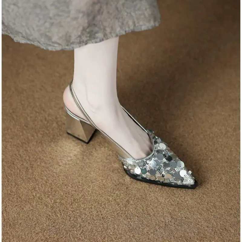 Sequin Baotou Sandals Women's Summer Outside Wear New French Temperament Pointed Toe Fashion Chunky High Heel Single Shoes