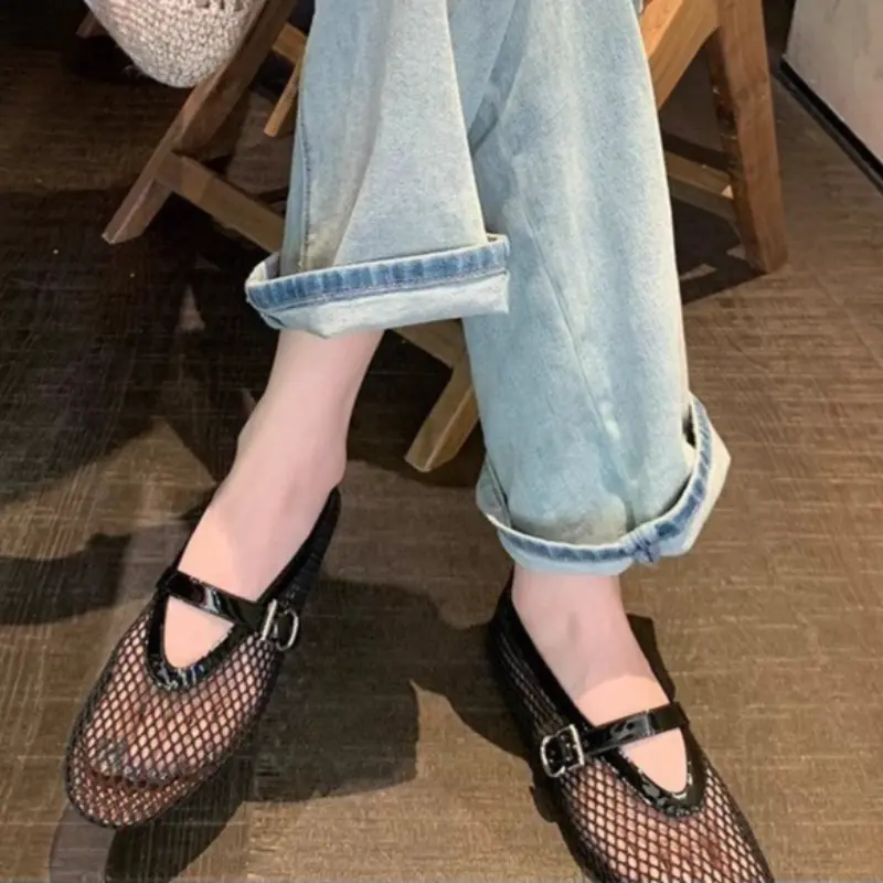 Flat Single Shoes Women Fashion Round Head Shallow Mouth Mesh Cloth Metal Buckle Soft Sole Non-slip Low-top Shoes