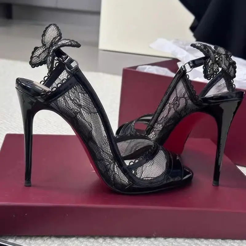 2025 Summer New Fish Mouth Lace Black High Heels Women's Thin Heels Sexy Queen Bow Strap Sandals