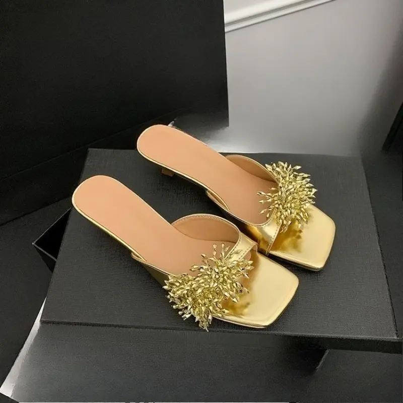 Summer New French Rhinestone Flower Block Heel Slippers for Women Open Toe Non-slip High Heel Slippers