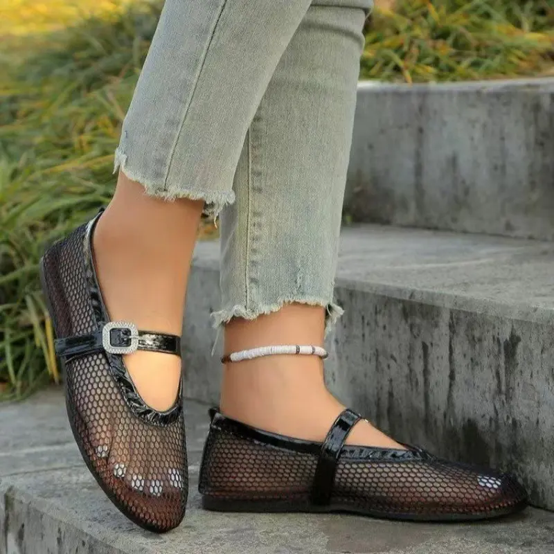 Mesh Cutout Breathable Flat Shoes Women's Fashion Round Toe Shallow Mouth Slip Strap Soft Slip Single Shoes