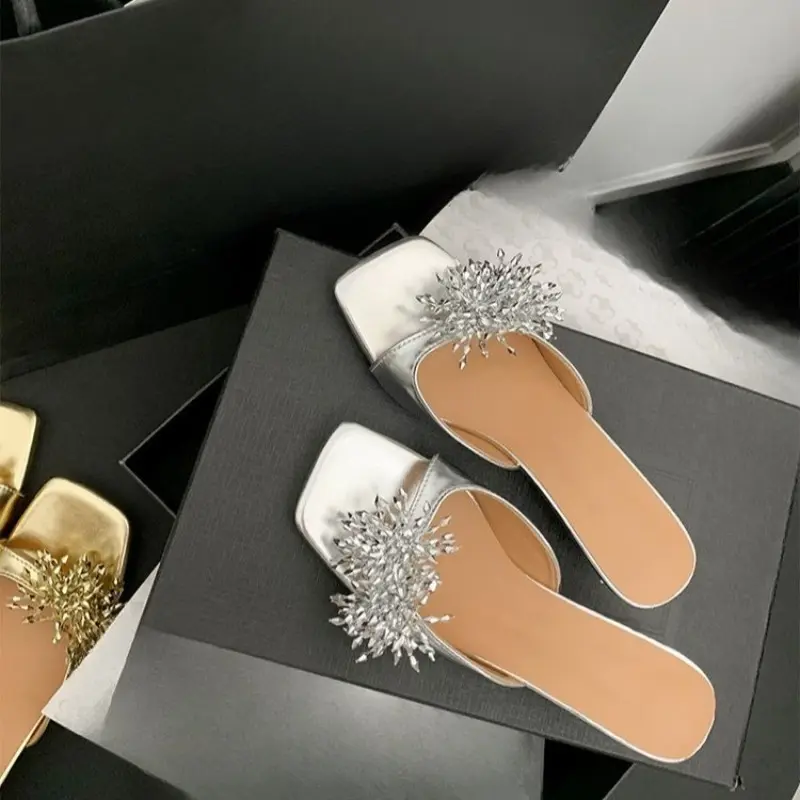 Summer New French Rhinestone Flower Block Heel Slippers for Women Open Toe Non-slip High Heel Slippers