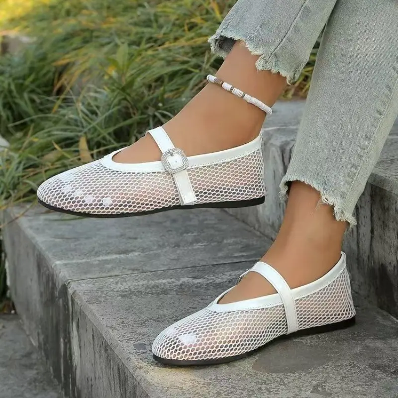Mesh Cutout Breathable Flat Shoes Women's Fashion Round Toe Shallow Mouth Slip Strap Soft Slip Single Shoes