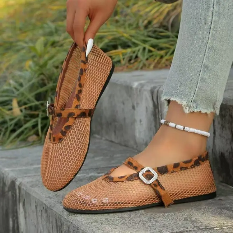 Mesh Cutout Breathable Flat Shoes Women's Fashion Round Toe Shallow Mouth Slip Strap Soft Slip Single Shoes
