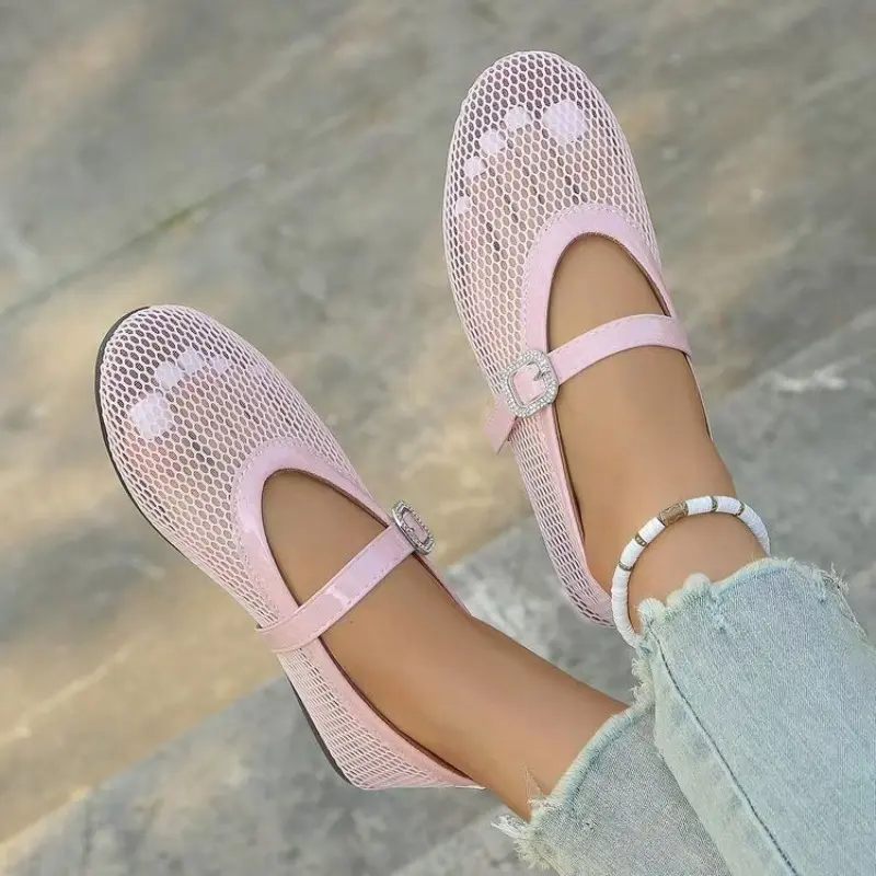 Mesh Cutout Breathable Flat Shoes Women's Fashion Round Toe Shallow Mouth Slip Strap Soft Slip Single Shoes