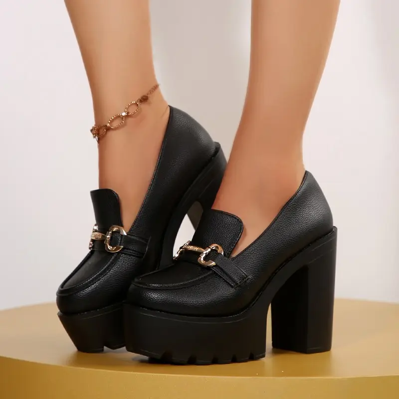 Super High Heel Single Shoes Autumn New Round Toe Shallow Mouth Metal Buckle Platform Non-slip Wear-resistant Block Heel Shoes