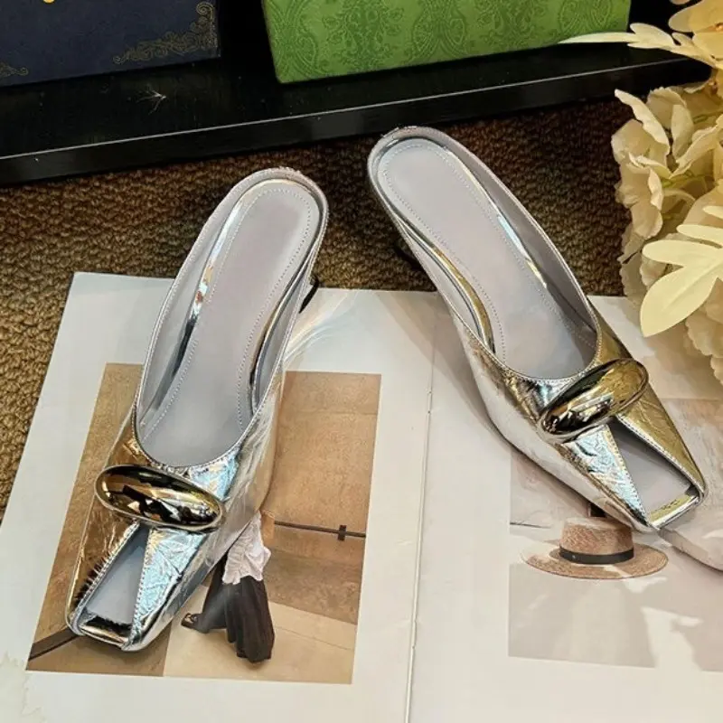 Retro Baotou Half Slippers Women Summer Square Toe Shallow Mouth Metal Buckle Versatile Sexy Wedge Sandals