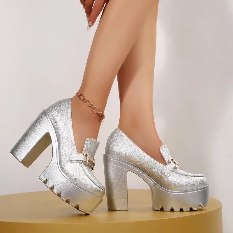 Super High Heel Single Shoes Autumn New Round Toe Shallow Mouth Metal Buckle Platform Non-slip Wear-resistant Block Heel Shoes