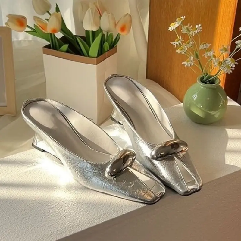 Retro Baotou Half Slippers Women Summer Square Toe Shallow Mouth Metal Buckle Versatile Sexy Wedge Sandals