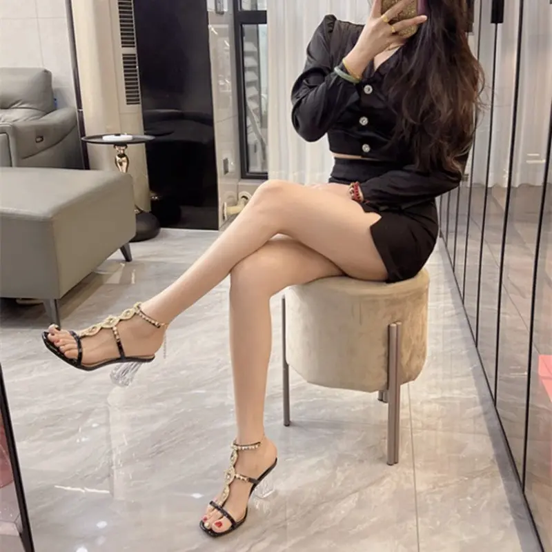 Summer New Rhinestone Buckle Strap Gemstone Gold Chain High Heels Women's Fashion Outer Wear Crystal Heel Sandals