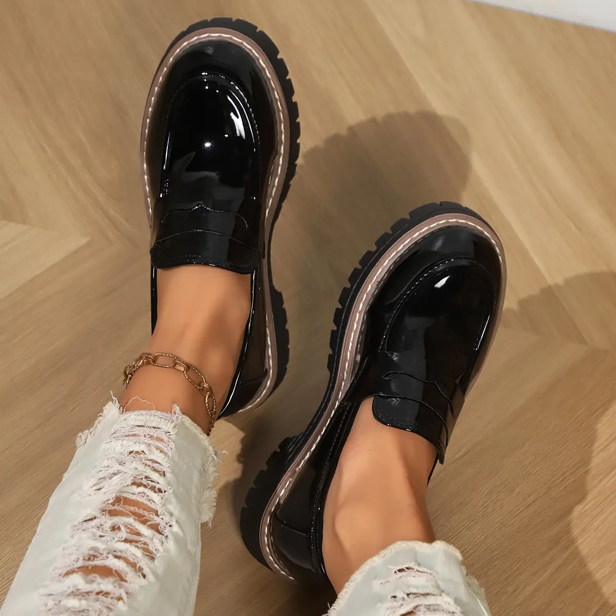 New Style Thick-soled Loafers Shoes Stylish Low-top Japanese Style Black Thick-soled Loafers