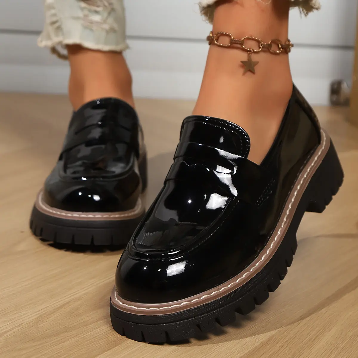 New Style Thick-soled Loafers Shoes Stylish Low-top Japanese Style Black Thick-soled Loafers