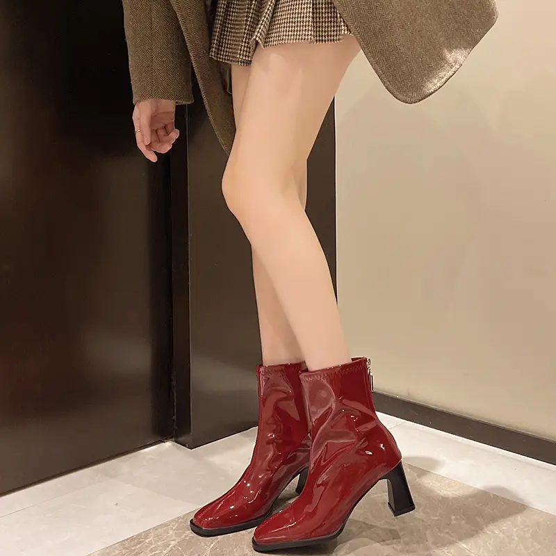 Block Heel Platform Booties Women's New Autumn Square Toe Back Zip Non-Slip High Heel Stretch Skinny Boots