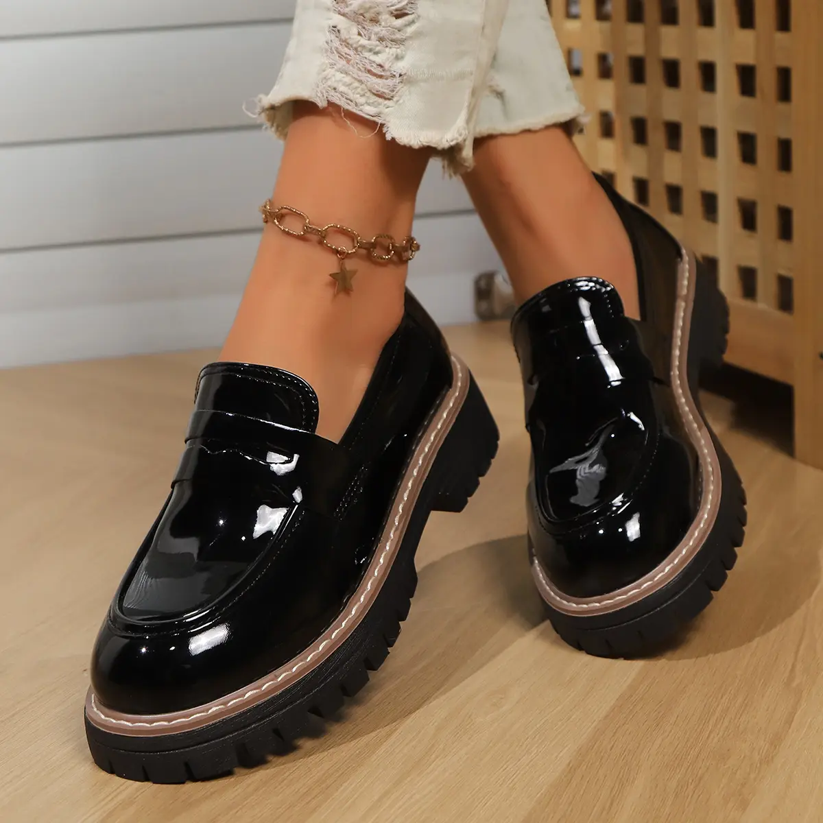 New Style Thick-soled Loafers Shoes Stylish Low-top Japanese Style Black Thick-soled Loafers