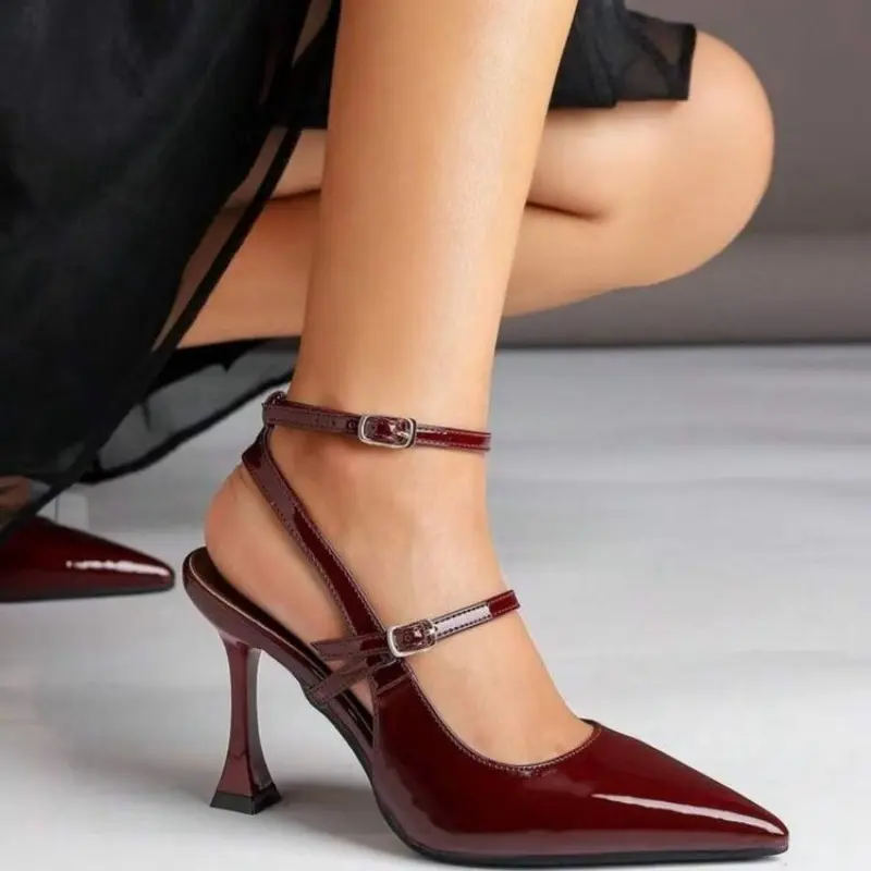 Summer New Wine Red Pointed Toe Shallow Mouth Stiletto Sandals Women's French Temperament Fashion Versatile High Heels