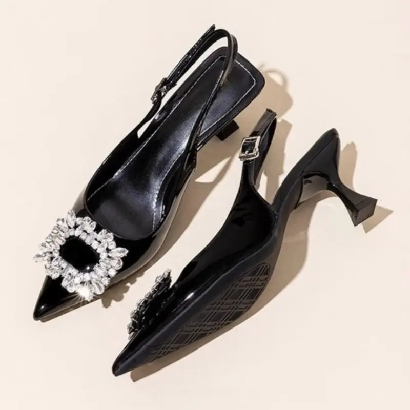 Baotou Fine Heel Patent Leather Sandals Women's Summer Pointed Toe Shallow Mouth Rhinestone Buckle Non-slip High Heels