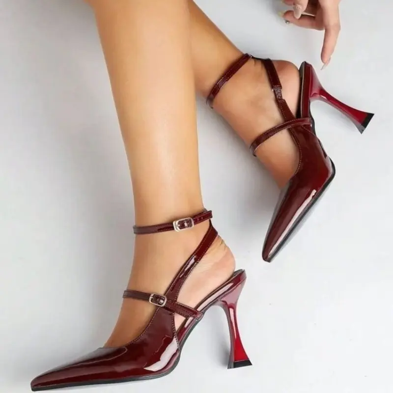 Summer New Wine Red Pointed Toe Shallow Mouth Stiletto Sandals Women's French Temperament Fashion Versatile High Heels