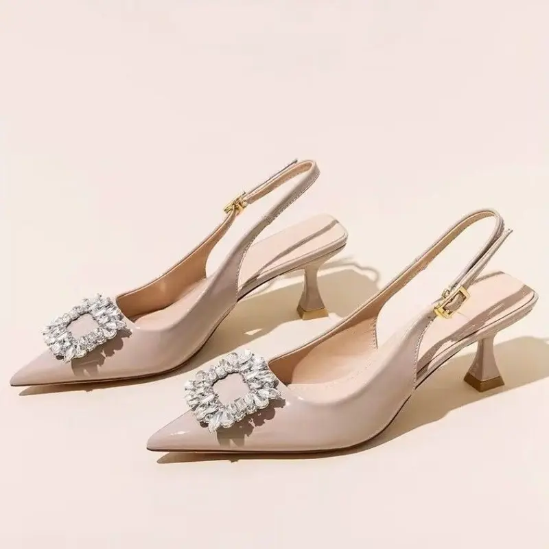 Baotou Fine Heel Patent Leather Sandals Women's Summer Pointed Toe Shallow Mouth Rhinestone Buckle Non-slip High Heels