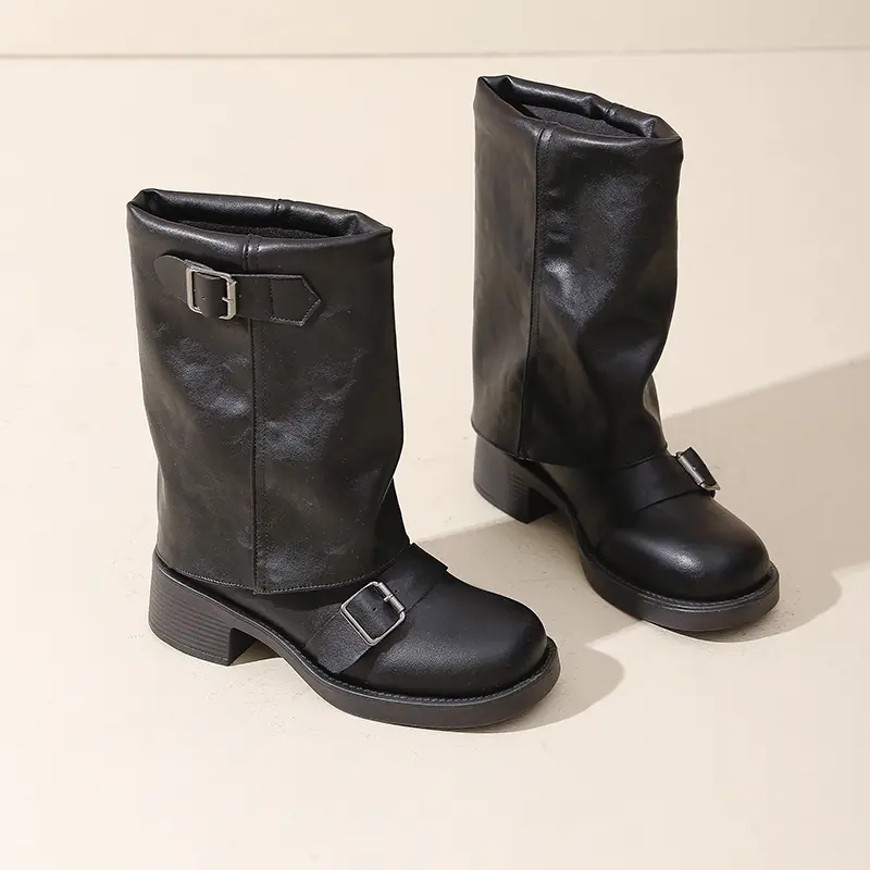 Vintage Stack Boots Women's Fashion Round Toe Sleeve Metal Buckle Non-Slip Wear-Resistant Block Heel Single Boots