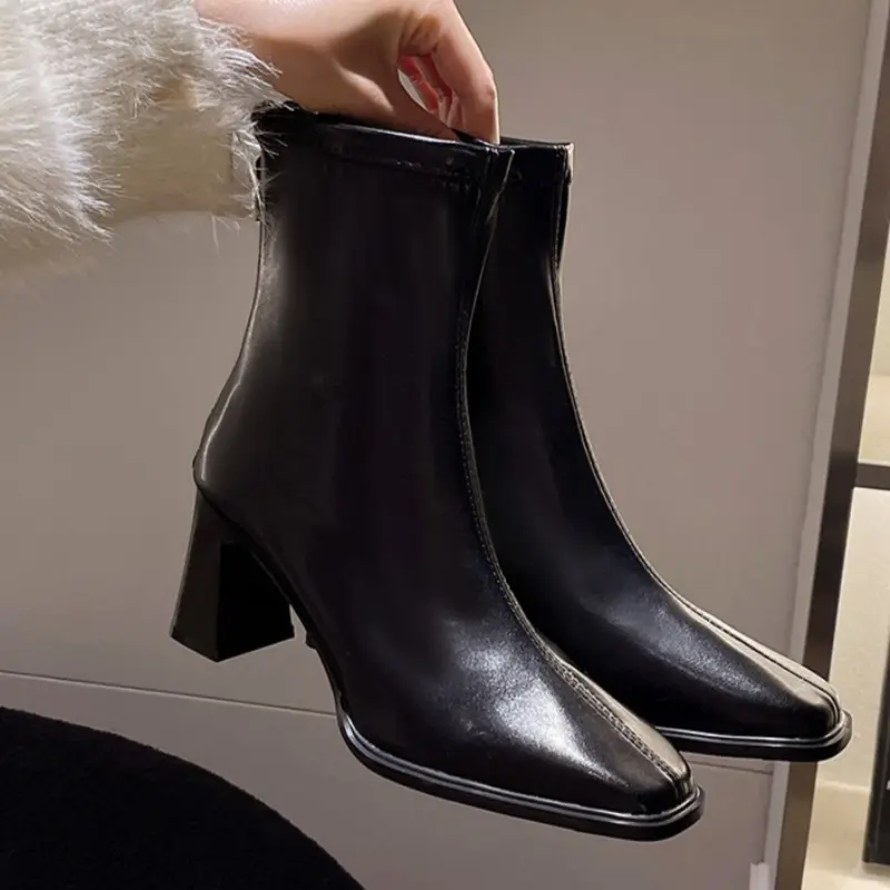 Block Heel Platform Booties Women's New Autumn Square Toe Back Zip Non-Slip High Heel Stretch Skinny Boots
